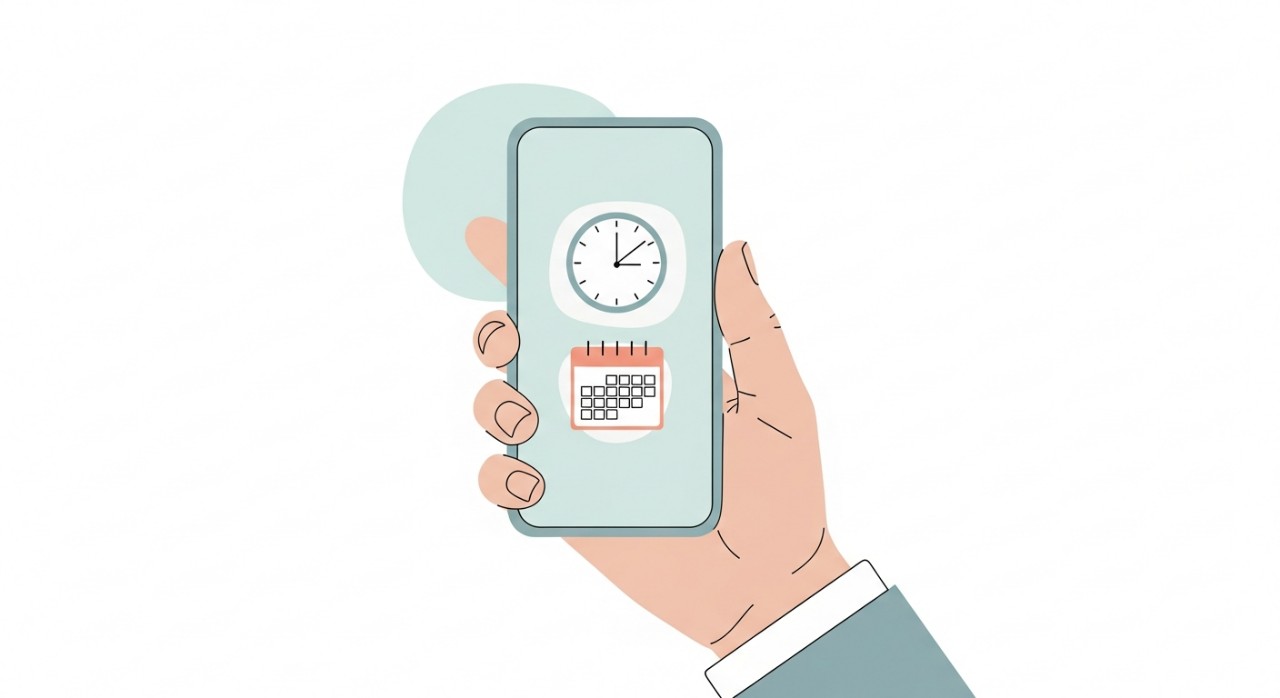 Tangan memegang telefon bimbit untuk menyemak jadual dan waktu operasi.