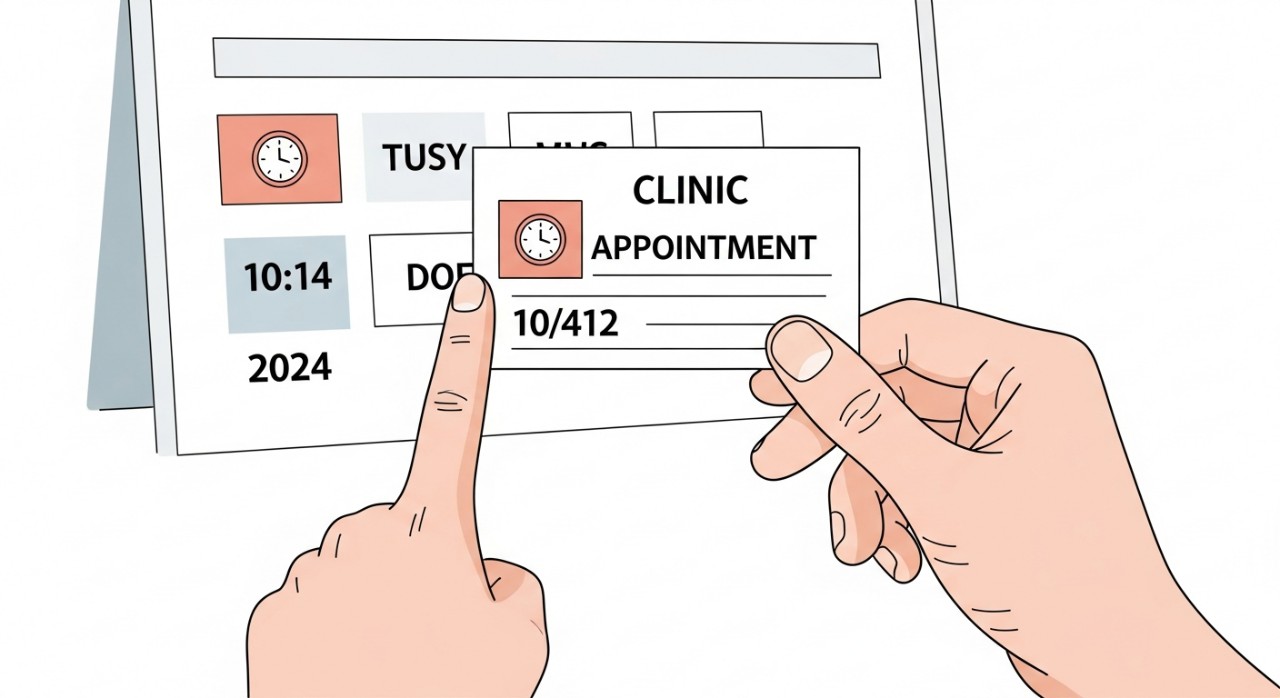 Masa Operasi Klinik Kesihatan Tenom 2026: Jadual Rasmi 2 Tangan memegang kad janji temu sambil menunjuk ke waktu tertentu pada kalendar.