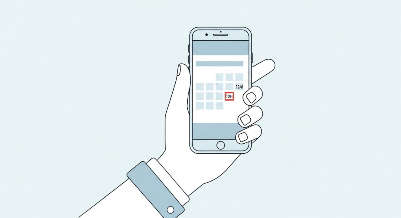 Masa Operasi Klinik Pergigian Toothfairy Terkini 2026 1 Tangan memegang telefon pintar dengan ikon kalendar untuk membuat temujanji.