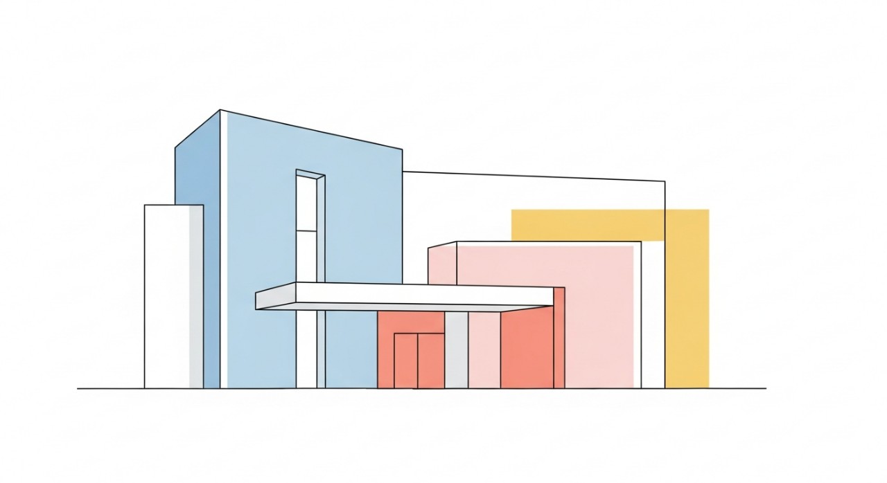 Garis bentuk luar bangunan Klinik Kesihatan Ayer Lanas dari pandangan hadapan.