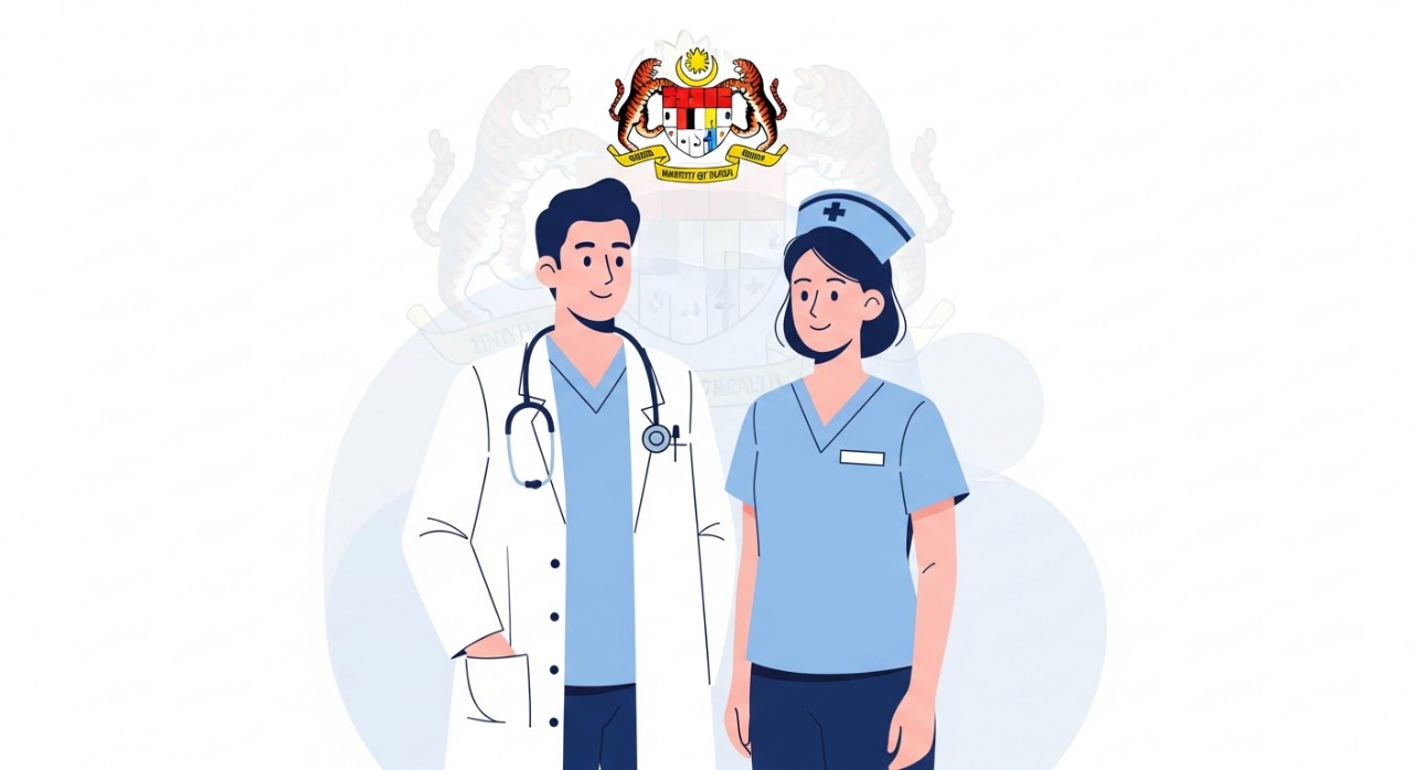 Dua orang kakitangan perubatan, seorang doktor dan seorang jururawat, berdiri sambil tersenyum.