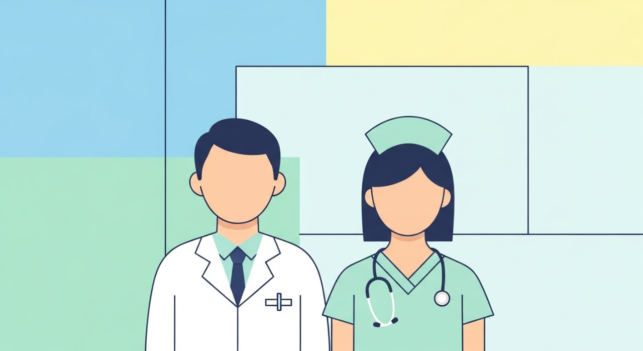 Seorang doktor dan seorang jururawat berdiri bersebelahan sedia memberikan penjagaan perubatan.