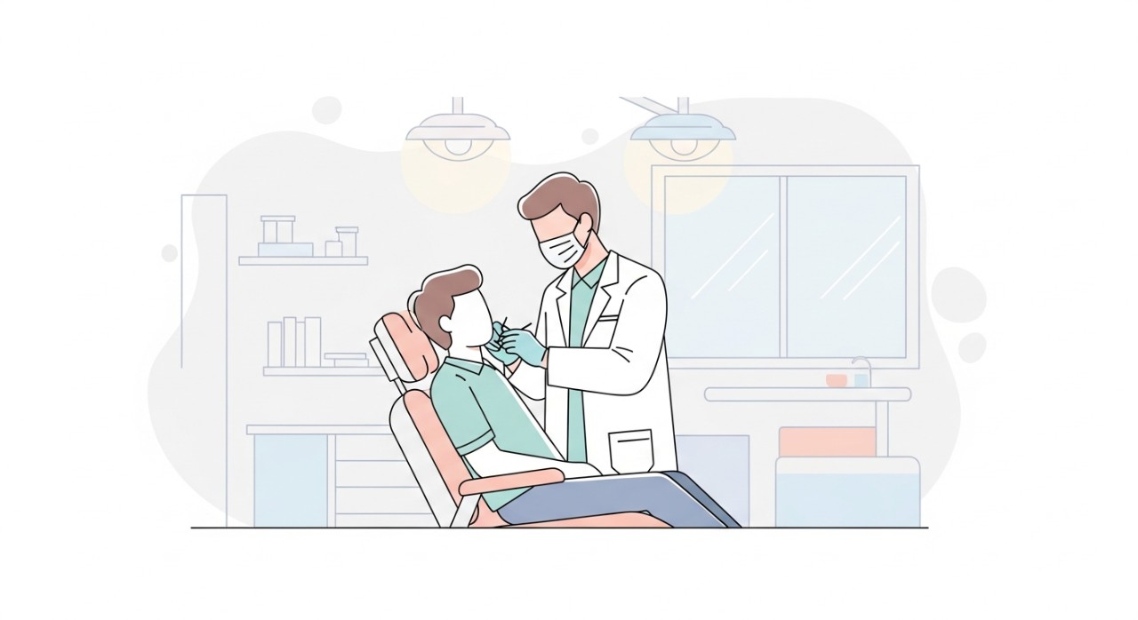 Masa Operasi Klinik Pergigian UTC Sentul 2026 1 Seorang doktor gigi memakai topeng dan sarung tangan sedang memeriksa gigi seorang pesakit di kerusi rawatan.