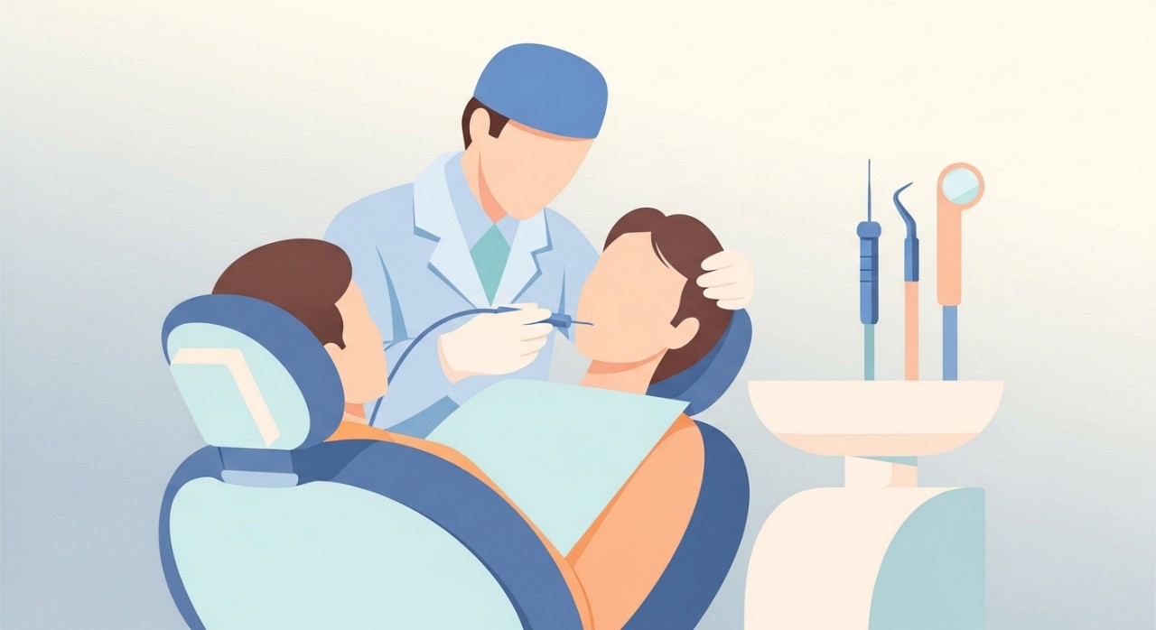 Seorang doktor gigi sedang memeriksa gigi pesakit di kerusi rawatan pergigian.