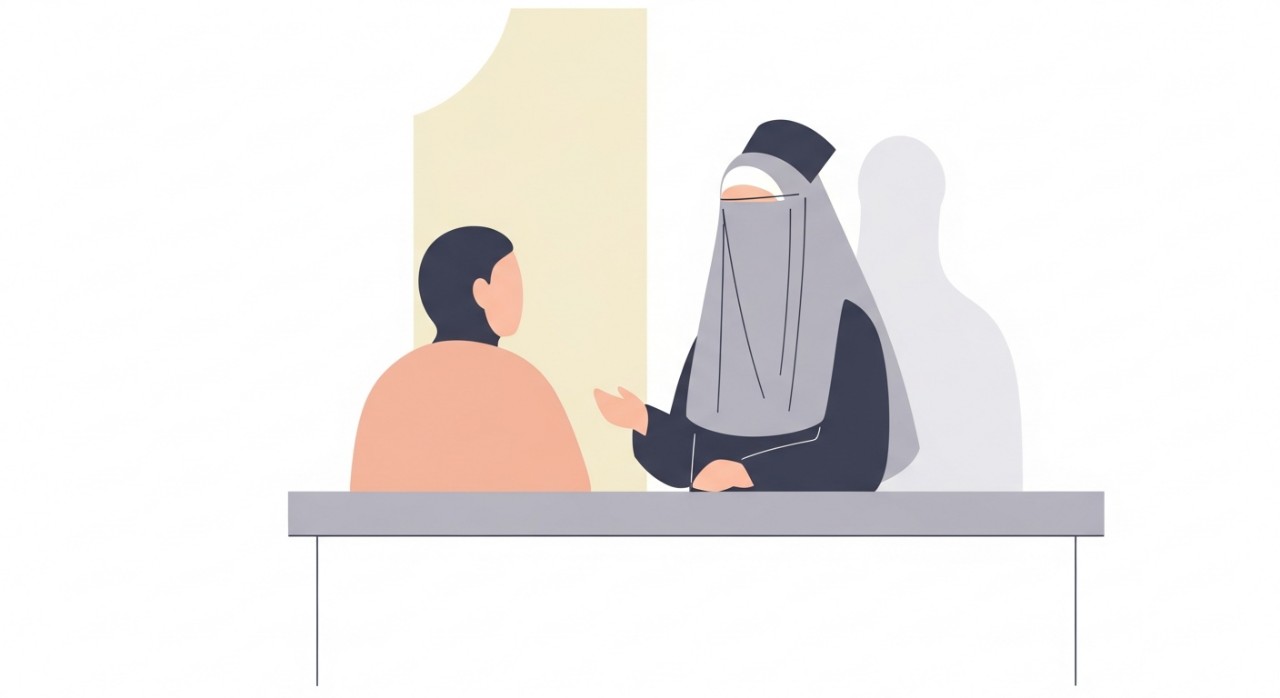 Seorang jururawat sedang memberikan penerangan kepada pesakit di kaunter pendaftaran.