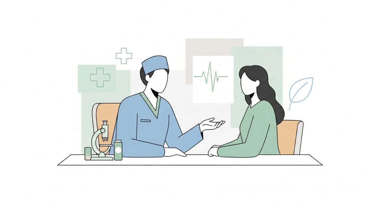 Masa Operasi Klinik Pakar Kulit Ko Penang 2026 2 Seorang doktor pakar kulit sedang berbincang dengan pesakit di bilik konsultasi yang bersih.