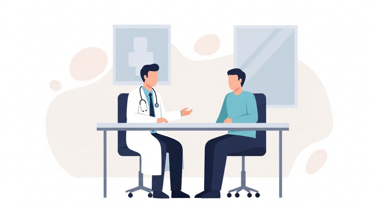 Seorang doktor pakar kulit sedang berbincang dengan pesakit di bilik rawatan yang terang.