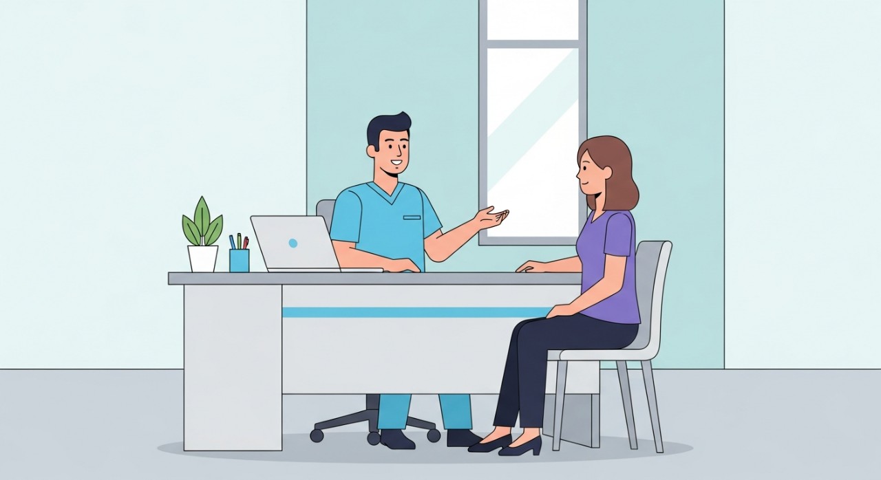 Seorang doktor lelaki pakar sedang memberi konsultasi kepada seorang pesakit wanita di dalam bilik rawatan.