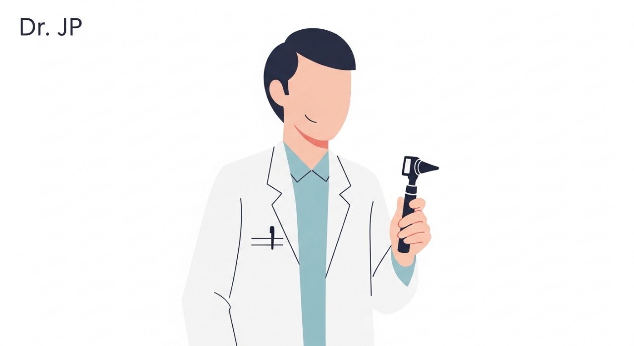 Seorang doktor pakar telinga hidung tekak sedang tersenyum sambil memegang peralatan pemeriksaan ENT.