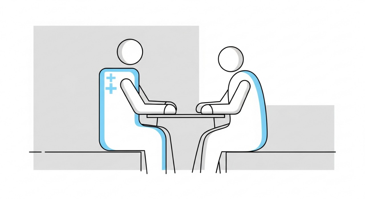 Seorang doktor sedang memberi nasihat kepada pesakit di bilik konsultasi.