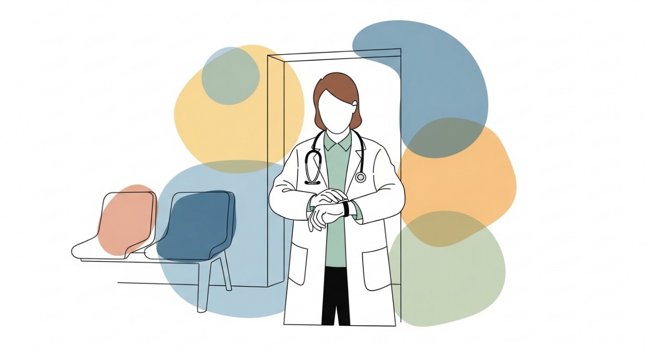 Seorang doktor memakai kot putih sedang melihat jam tangan di hadapan pintu klinik.