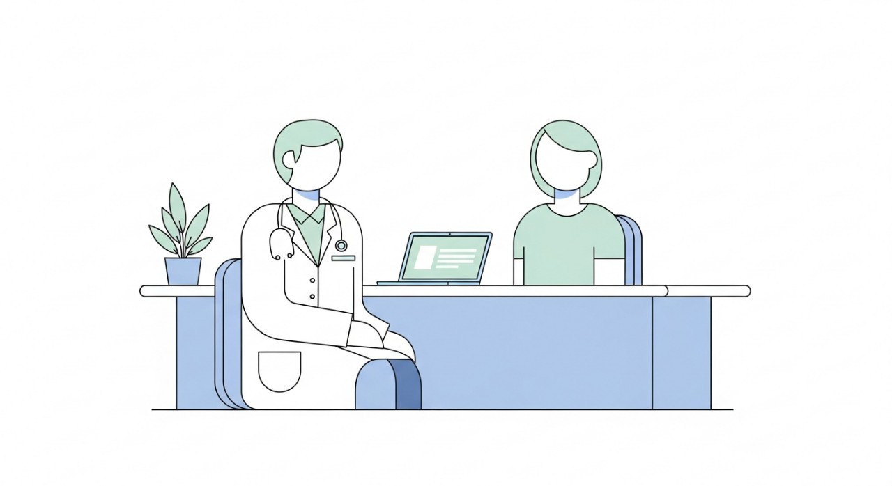 Seorang doktor sedang berbual dan memberikan nasihat kepada pesakit di dalam bilik pemeriksaan.