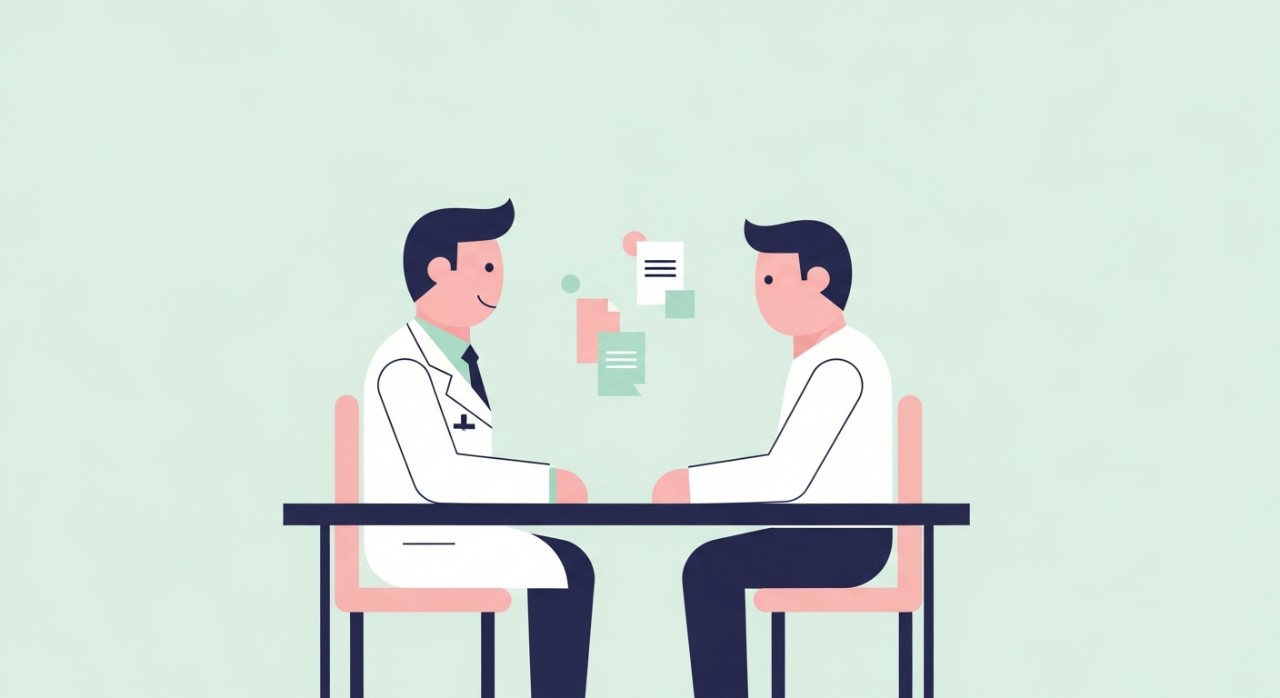 Seorang doktor sedang berbincang dengan pesakit di bilik konsultasi yang bersih.