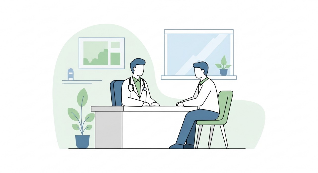 Seorang doktor sedang berbual dengan pesakit di bilik konsultasi.
