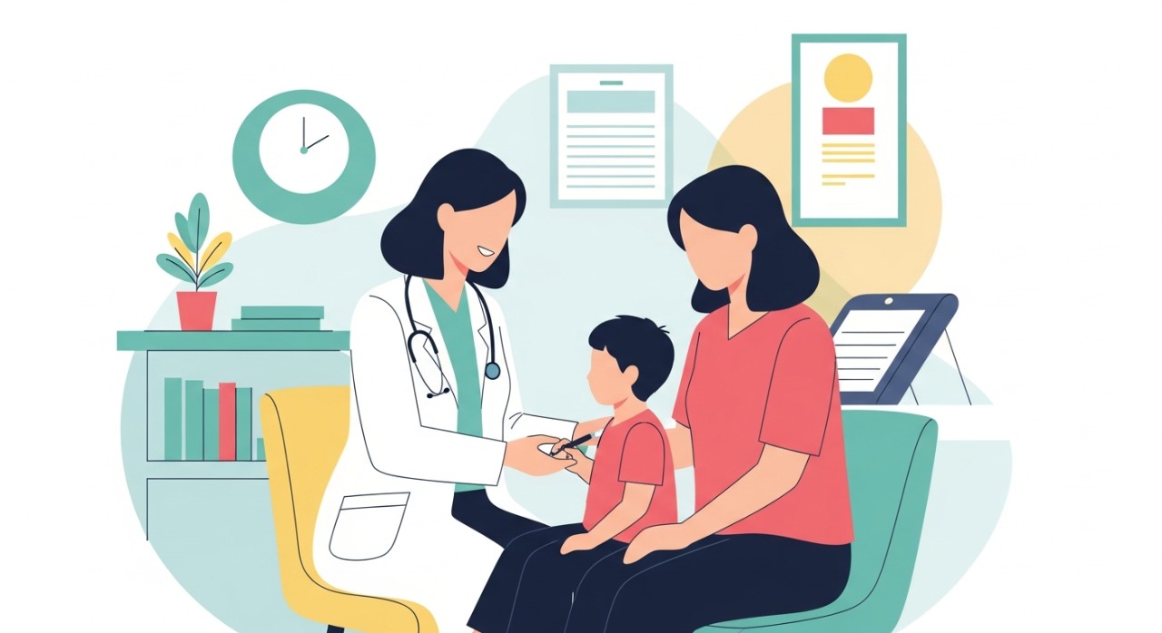 Masa Operasi Klinik Kesihatan Bukit Kuda Terkini 2026 1 Seorang doktor sedang berbual dengan ibu dan memeriksa anak kecilnya di dalam bilik rawatan.