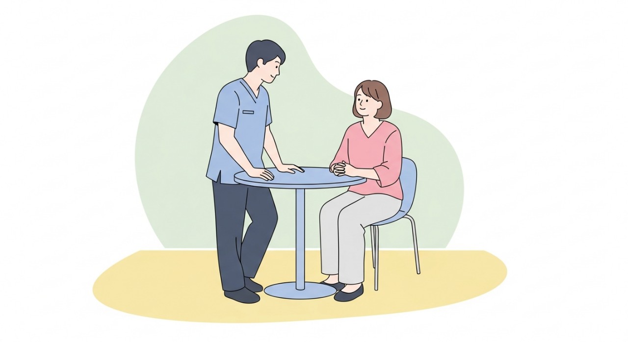 Seorang doktor sedang berinteraksi dengan pesakit di dalam bilik rawatan.