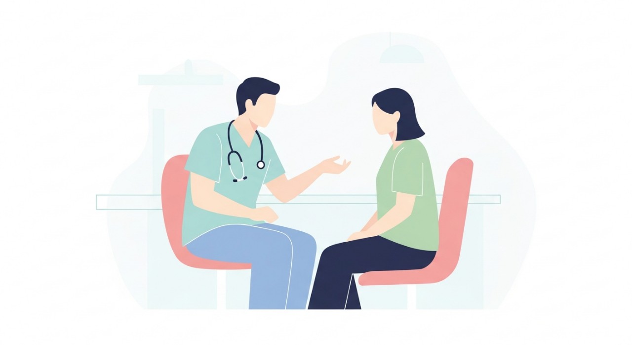 Seorang doktor sedang berbincang dengan pesakit di dalam bilik konsultasi yang bersih.