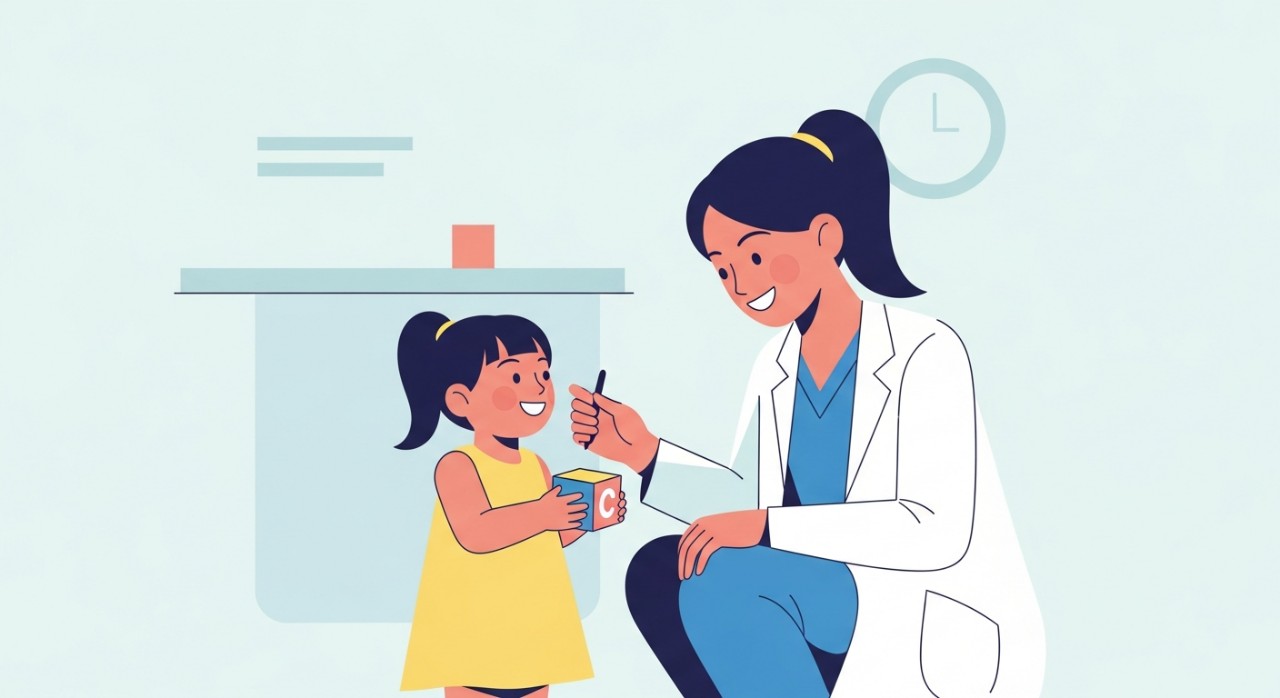 Seorang doktor memakai stetoskop sedang tersenyum kepada seorang kanak-kanak.