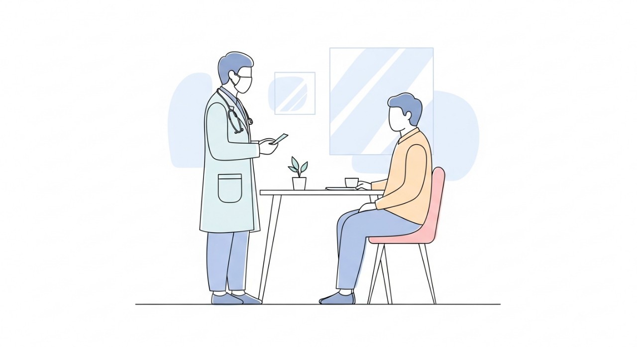 Seorang doktor sedang memeriksa seorang pesakit di dalam bilik konsultasi.