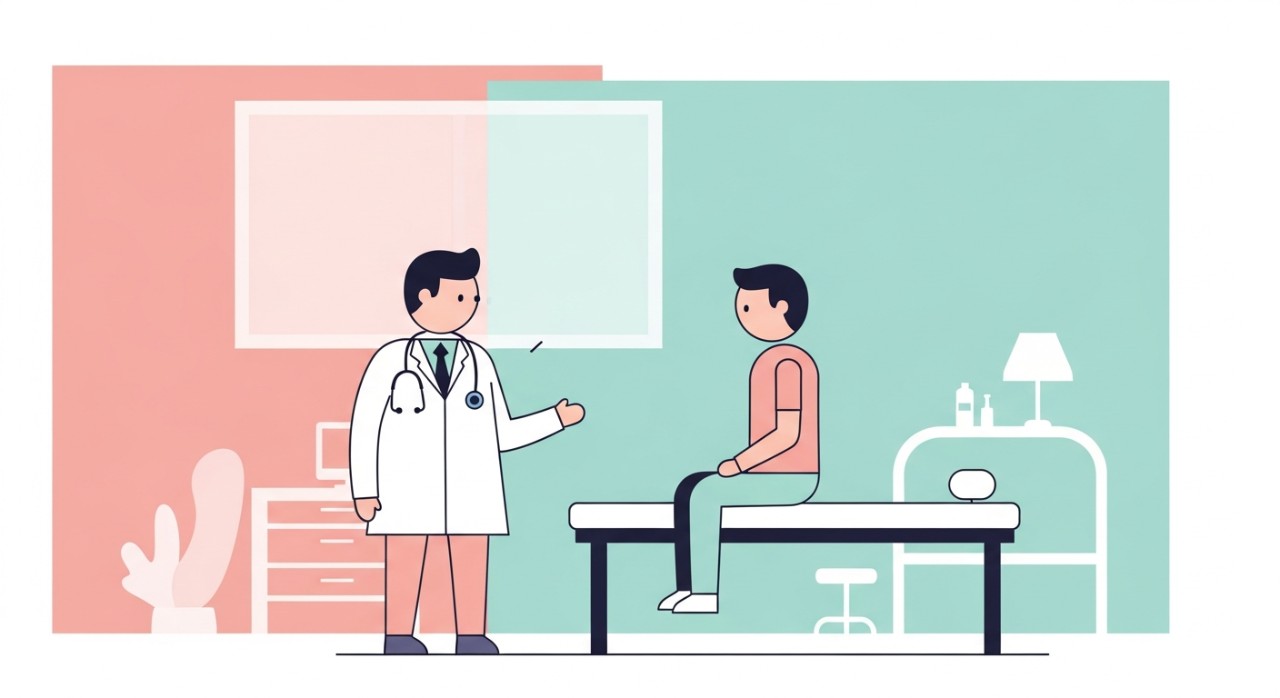 Seorang doktor sedang berbual dan memeriksa seorang pesakit di dalam bilik rawatan yang bersih