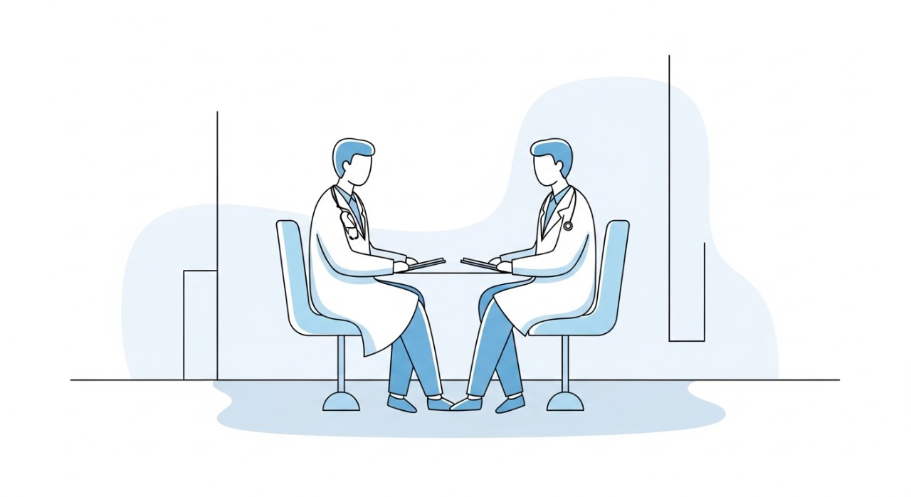 Seorang doktor sedang berbincang dengan pesakit di bilik konsultasi.