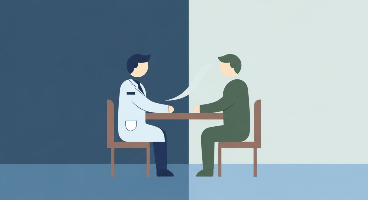 Seorang doktor berbual dan memberi penerangan kepada pesakit di bilik konsultasi klinik.