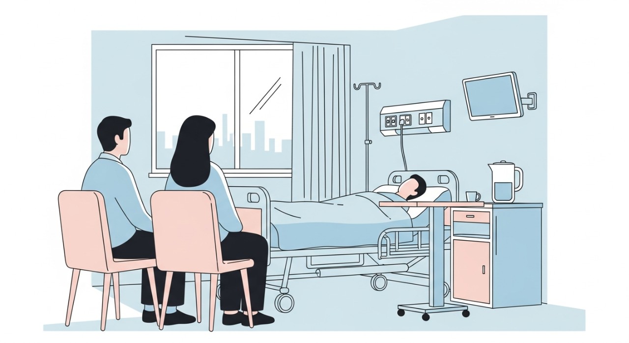 Dua orang pelawat sedang berbual dengan senyap di sisi katil pesakit di dalam bilik hospital.