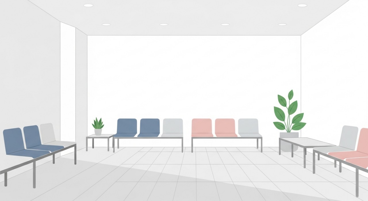 Gambaran ringkas ruang menunggu yang tenang dengan beberapa kerusi kosong di dalam klinik.
