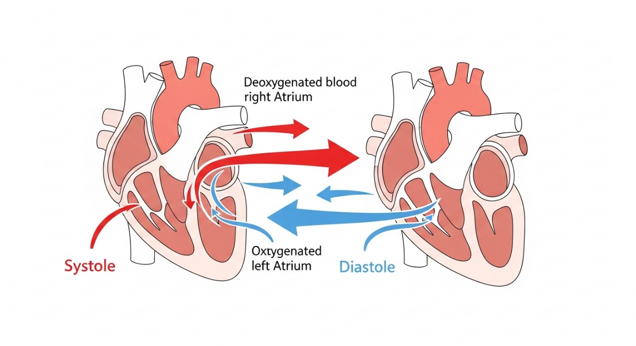 Masa Operasi Klinik Pakar Jantung Cardiac Cycle 2026 1 Diagram ringkas dan bersih menunjukkan fasa sistol dan diastol dalam kitaran jantung.