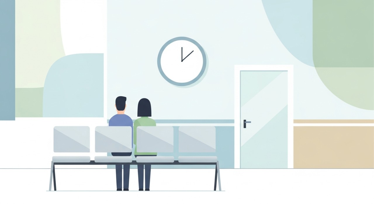 Masa Melawat Perak Chinese Maternity Hospital 2026 1 Dua figura ibu bapa sedang duduk di kerusi ruang menunggu hospital, melihat jam di dinding dengan penuh harapan.