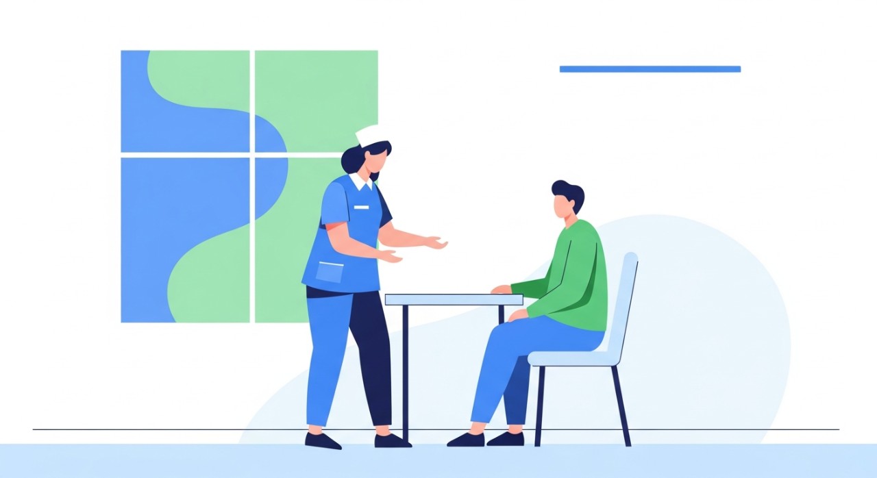 Seorang jururawat sedang menyambut pesakit di kaunter pendaftaran klinik yang bersih.