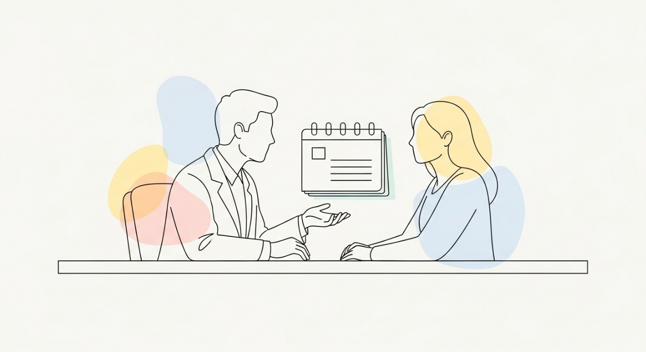 Masa Operasi Klinik Pakar Kulit Ko Rawang 2026 2 Seorang doktor pakar kulit sedang berbincang dengan pesakit di meja konsultasi, merujuk kepada jadual temujanji atau rekod perubatan.