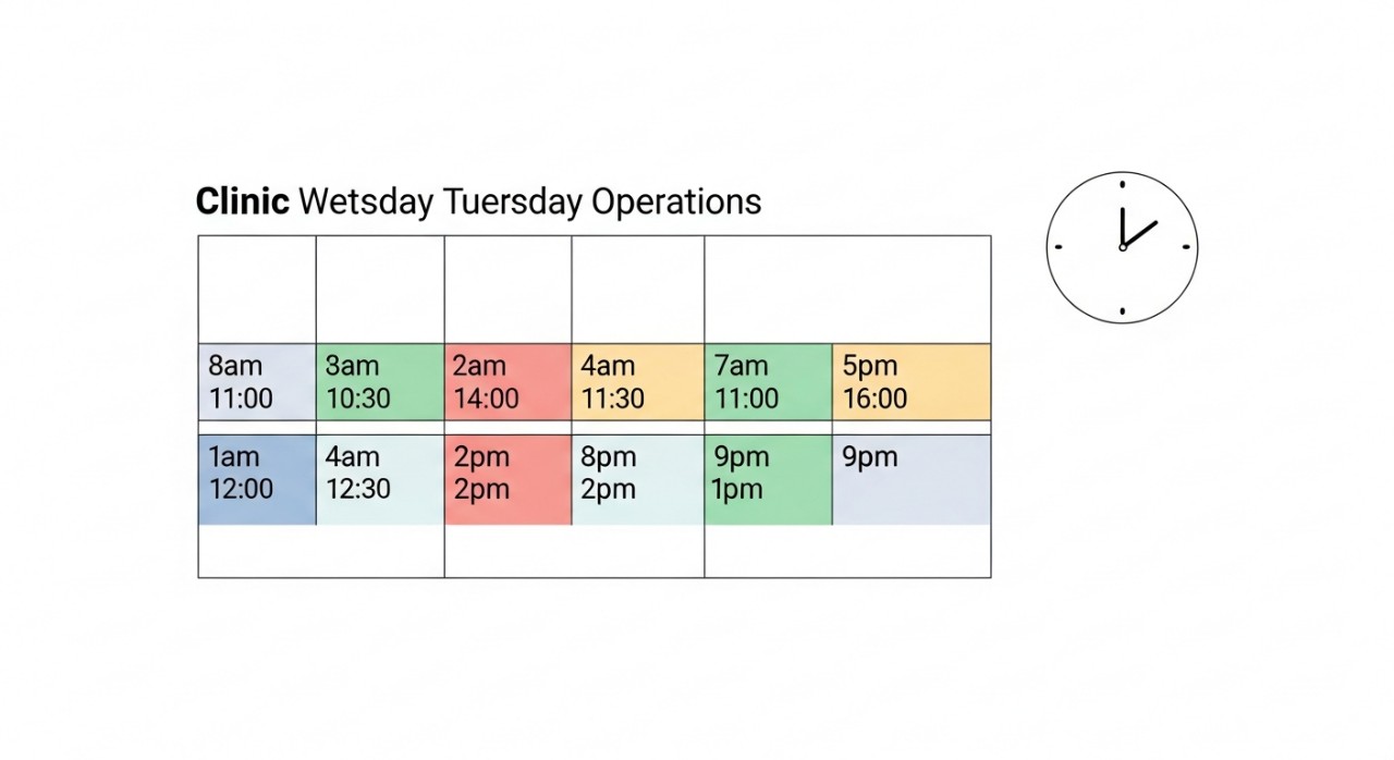 Kalendar mingguan atau jadual yang menunjukkan waktu buka dan tutup klinik dengan hari yang berbeza.