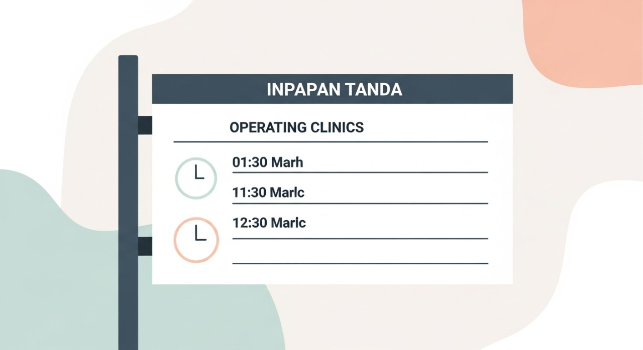 Masa Operasi Hospital Jengka 2026: Waktu Perkhidmatan 1 Papan tanda informasi yang memaparkan jadual waktu operasi klinik-klinik di Hospital Jengka.