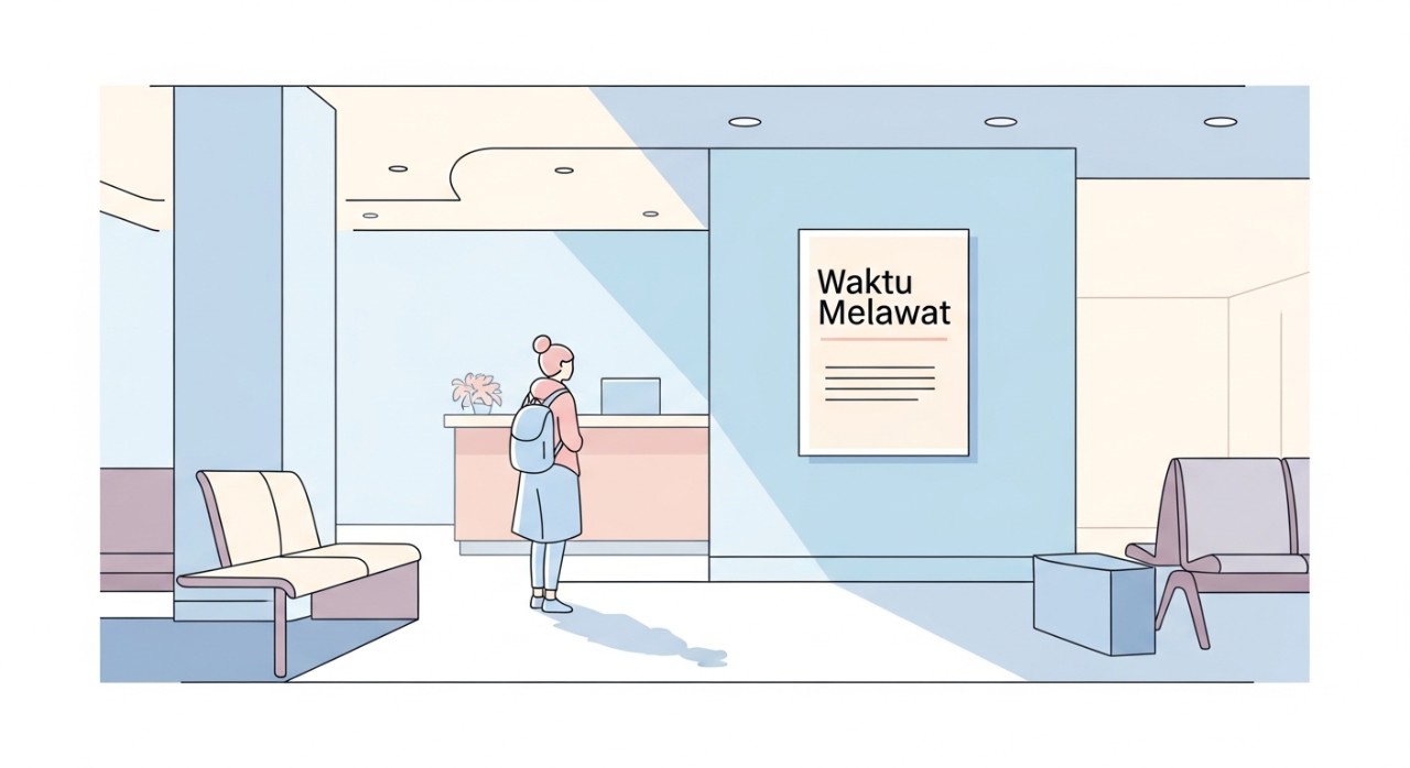 Seorang pelawat sedang melihat jadual waktu melawat yang dipaparkan di lobi hospital.