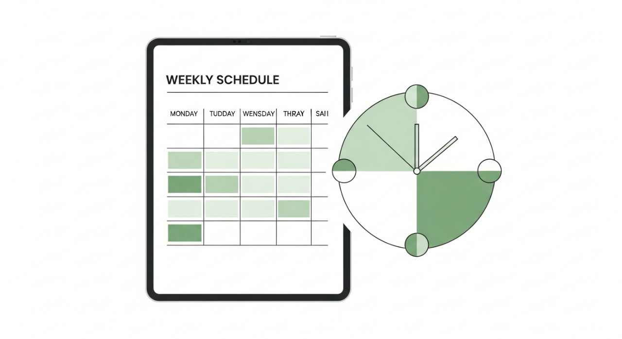 Ilustrasi minimalis kalendar dan jam yang menunjukkan jadual waktu operasi mingguan.
