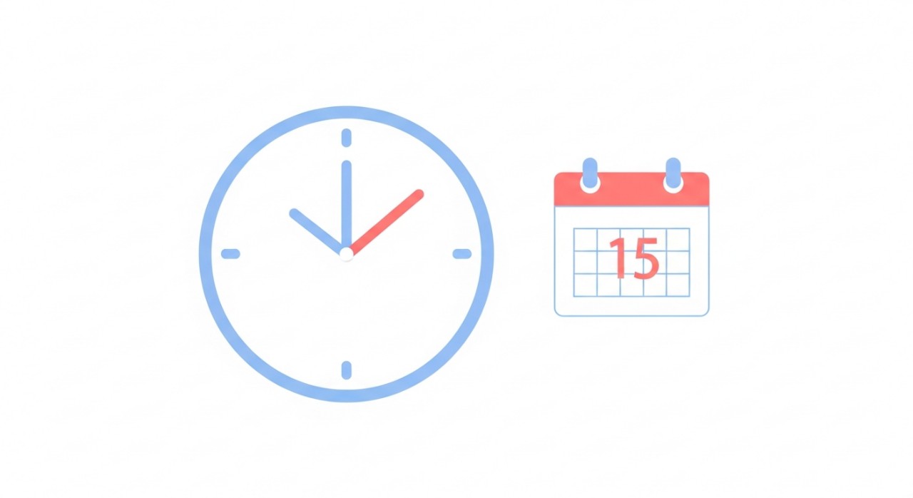 Ilustrasi jam dinding dan ikon kalendar menandakan jadual waktu perkhidmatan harian.