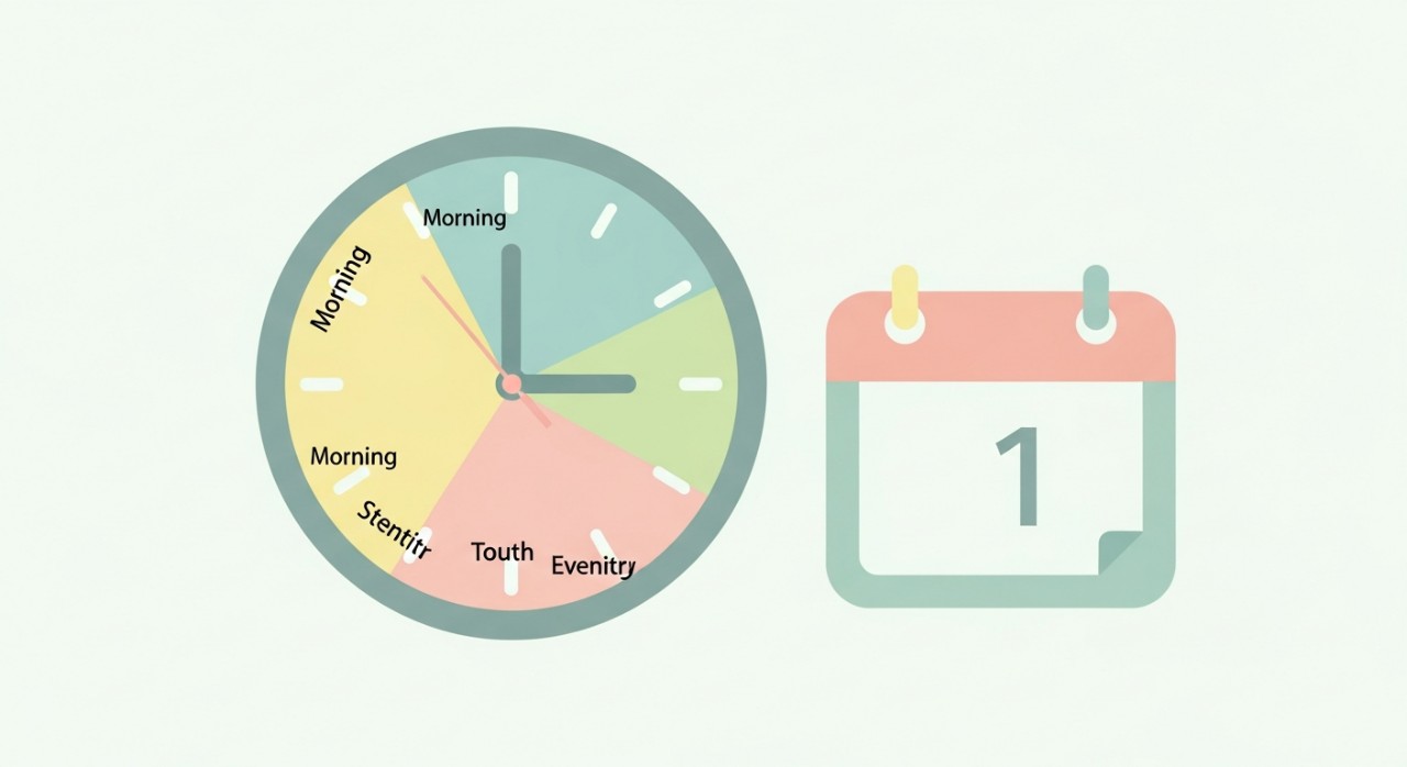 Ikon jam dinding besar yang menunjukkan waktu perkhidmatan dan kalendar harian di sebelahnya.