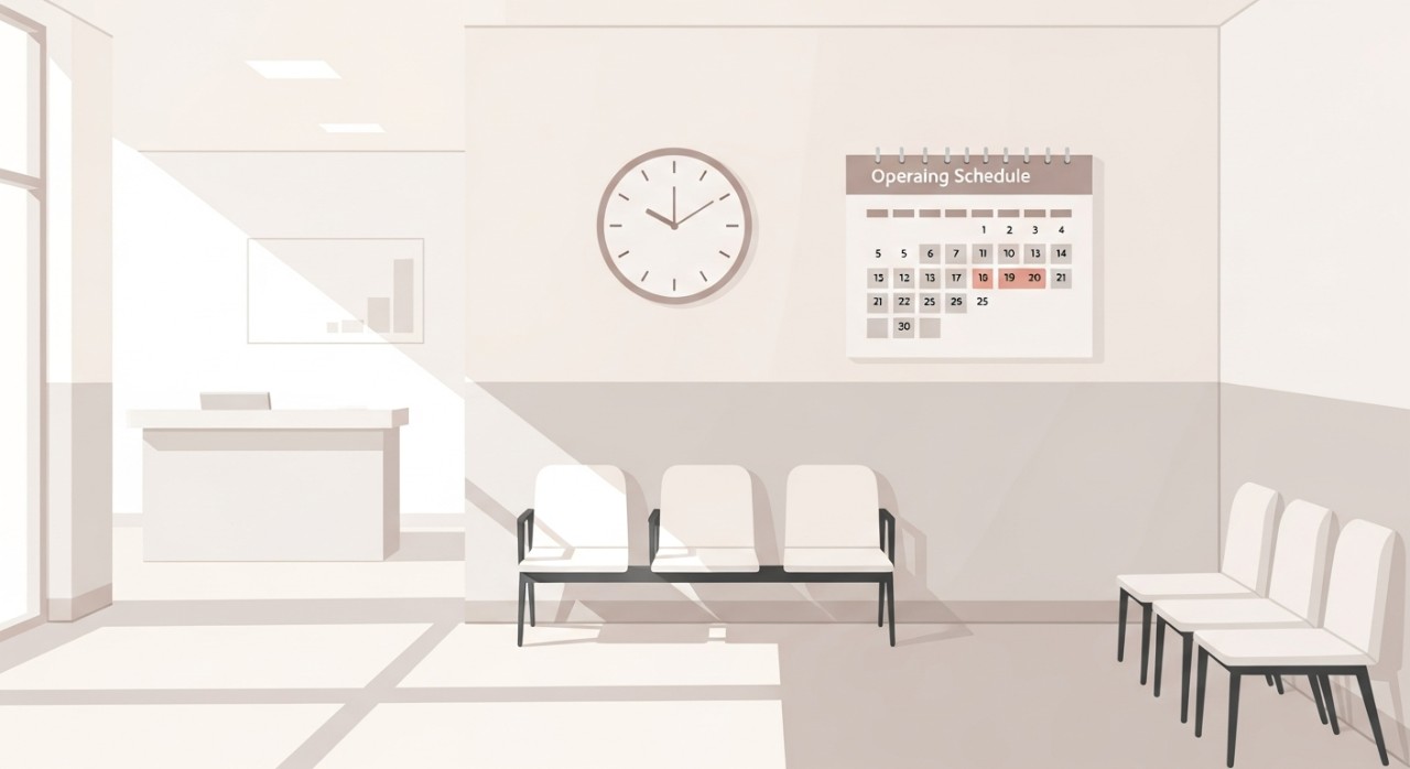 Jam dinding dan kalendar di ruang menunggu klinik yang menunjukkan waktu.