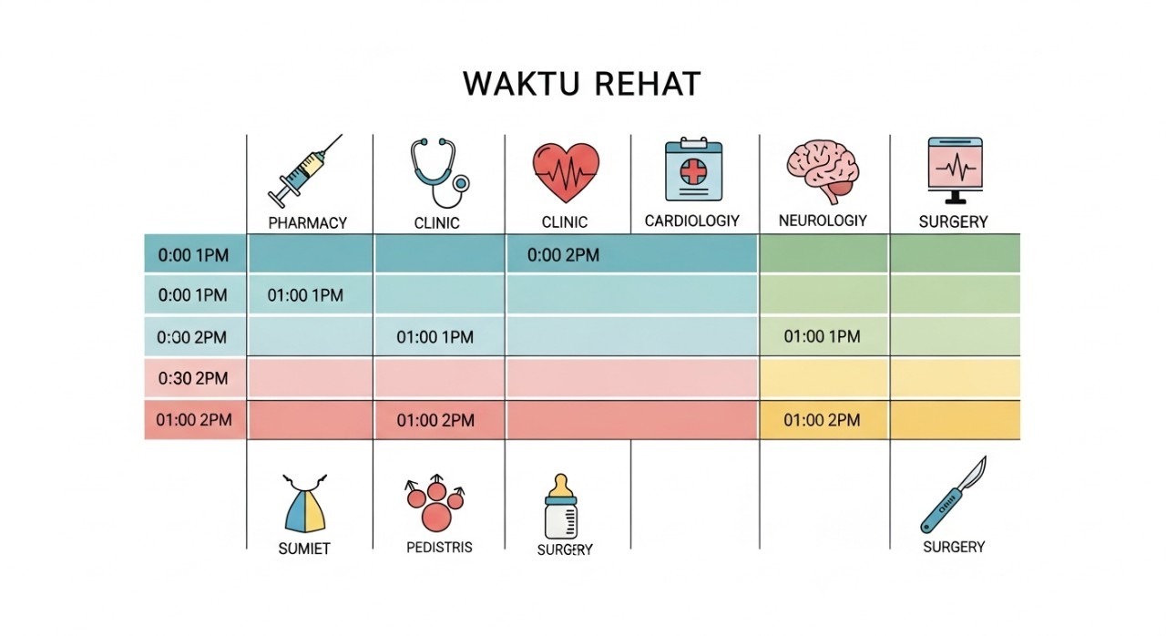 Masa Operasi Hospital Sungai Siput Terkini 2026 1 Papan jadual ringkas menunjukkan waktu rehat perkhidmatan di hospital.