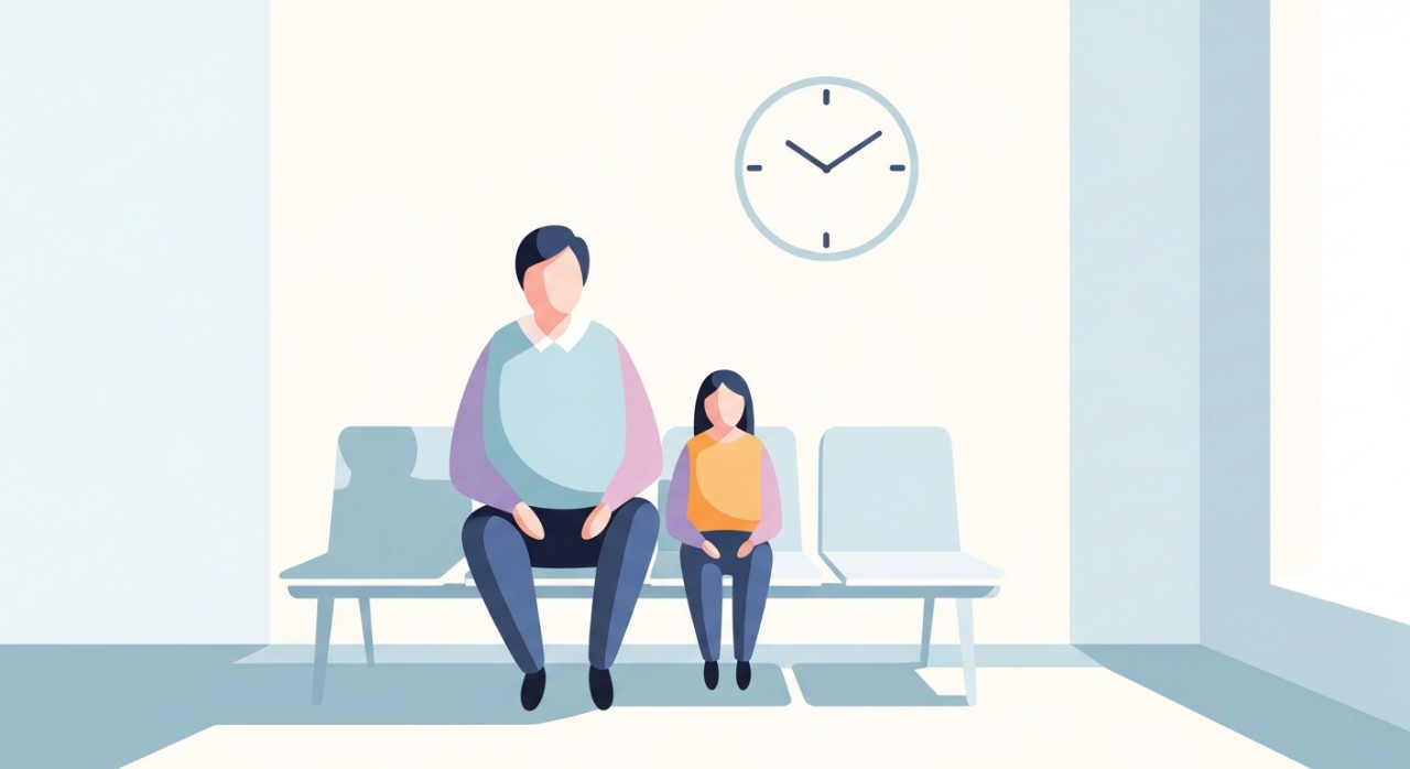 Dua orang duduk di bangku di ruang menunggu yang bersih, melihat jam tangan mereka.