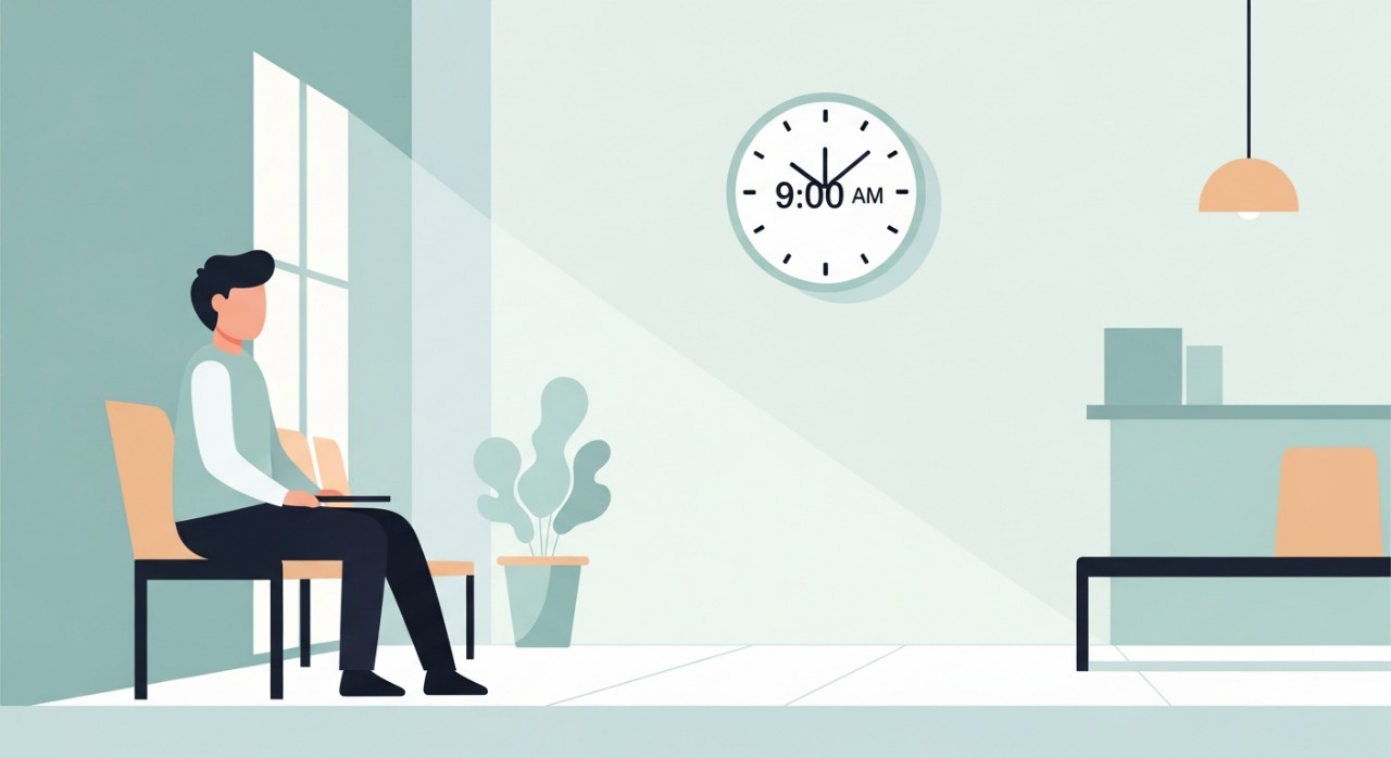 Seorang pesakit sedang melihat jam dinding sambil menunggu giliran di ruang menunggu klinik.