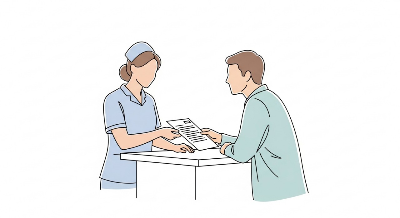 Seorang jururawat sedang berinteraksi dan membantu pesakit di kaunter pendaftaran Klinik Kesihatan.