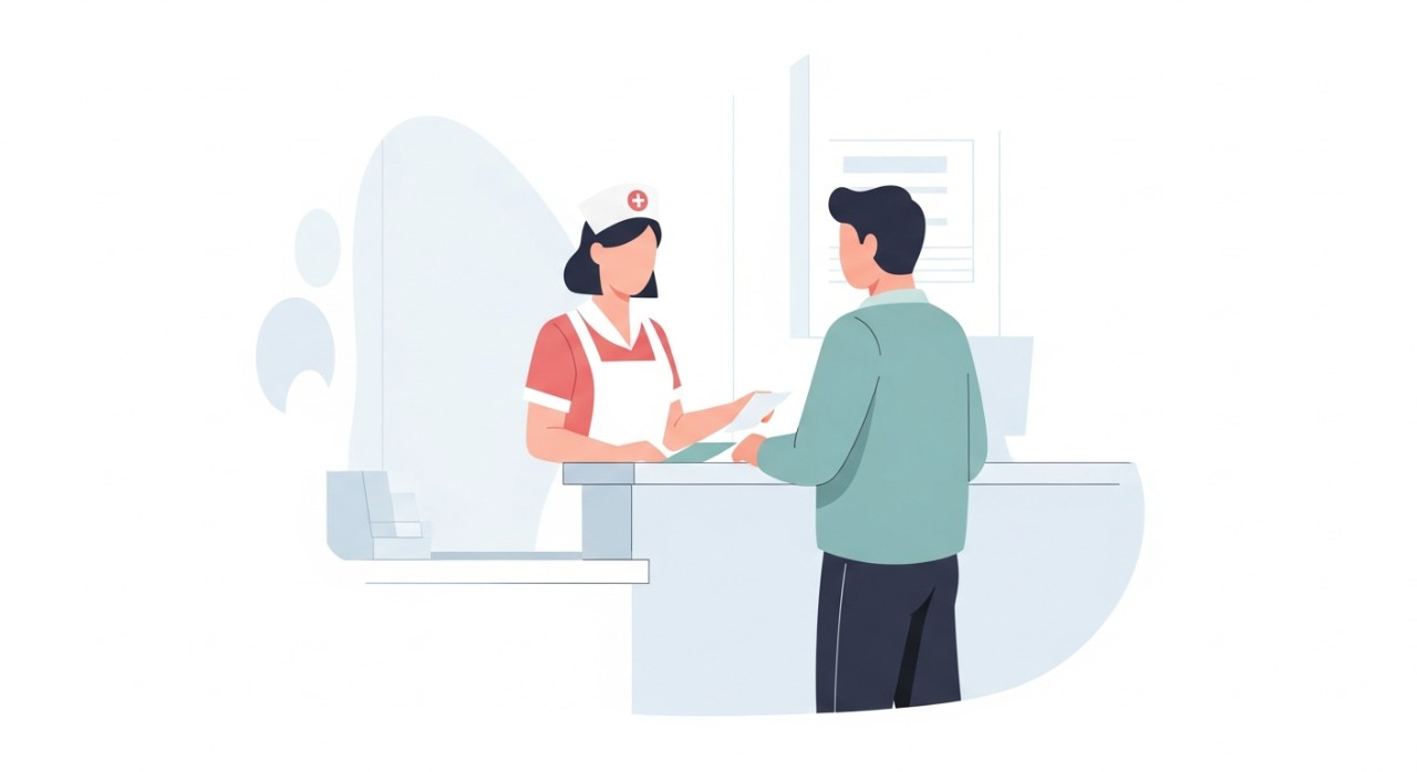 Seorang jururawat sedang membantu seorang pesakit di kaunter pendaftaran klinik.