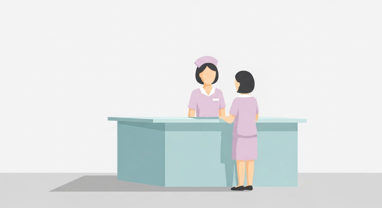 Seorang jururawat sedang memberikan maklumat di kaunter pendaftaran kepada seorang pesakit di dalam klinik.