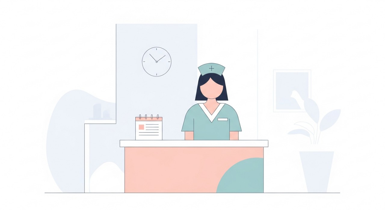 Seorang jururawat wanita sedang menyusun rekod pesakit di kaunter penyambut tetamu klinik.