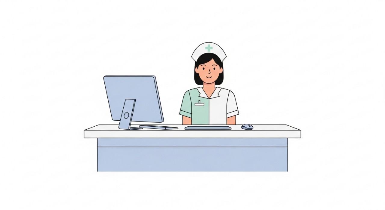 Seorang jururawat sedang menyambut atau melayani pesakit di kaunter pendaftaran.