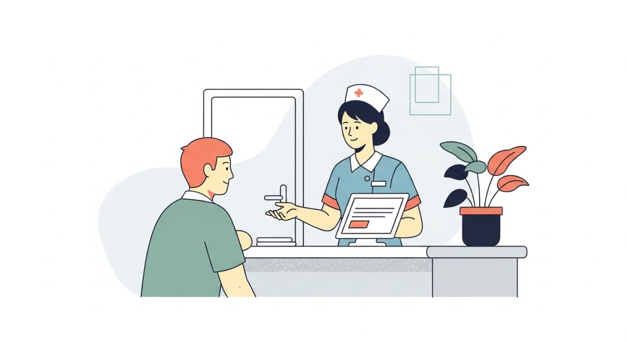 Seorang jururawat sedang berbual dengan pesakit di kaunter pendaftaran di dalam ruang klinik desa.