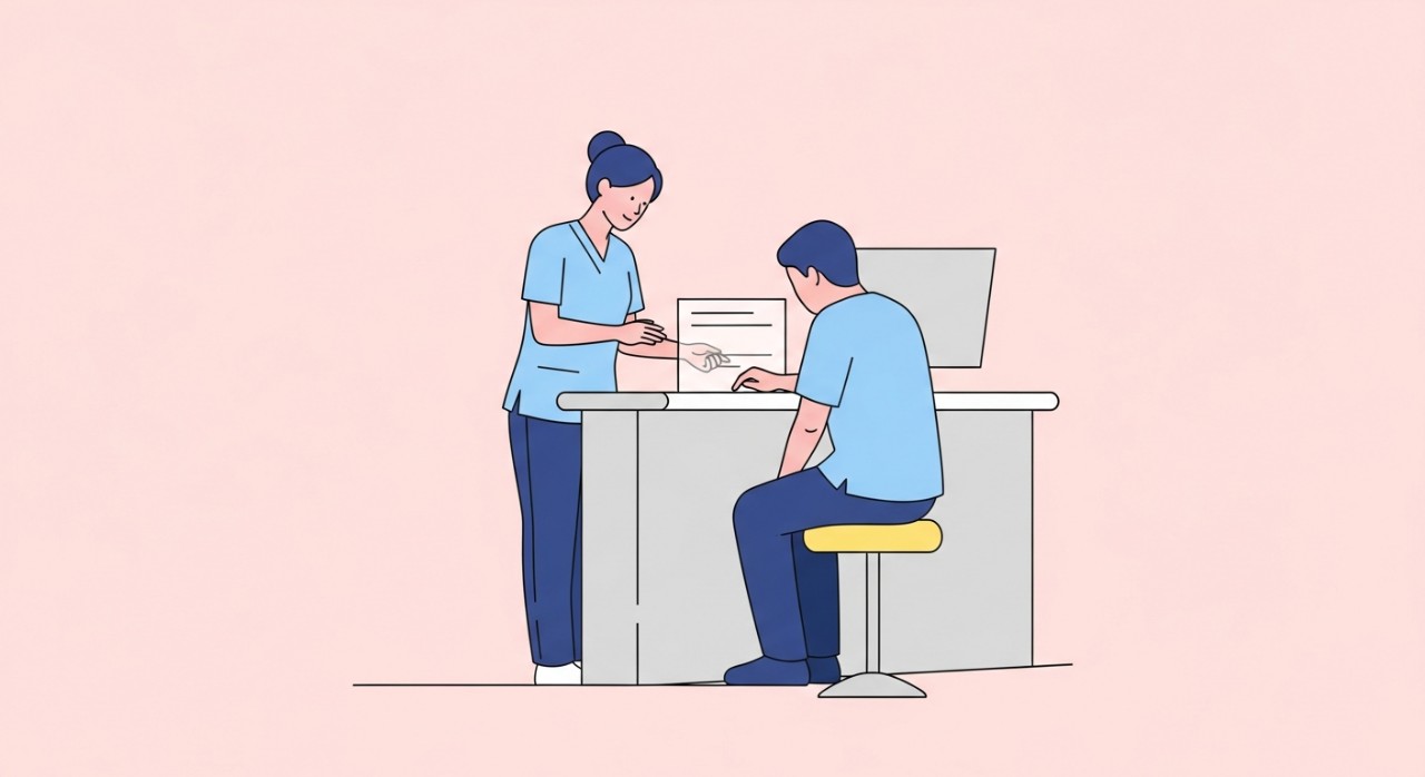 Seorang jururawat berbaju seragam membantu pesakit di kaunter pendaftaran.