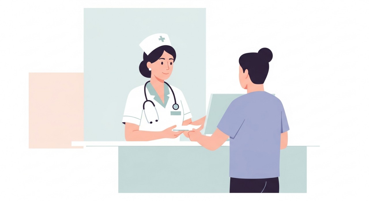 Seorang jururawat sedang berinteraksi dengan pesakit di kaunter pendaftaran klinik.